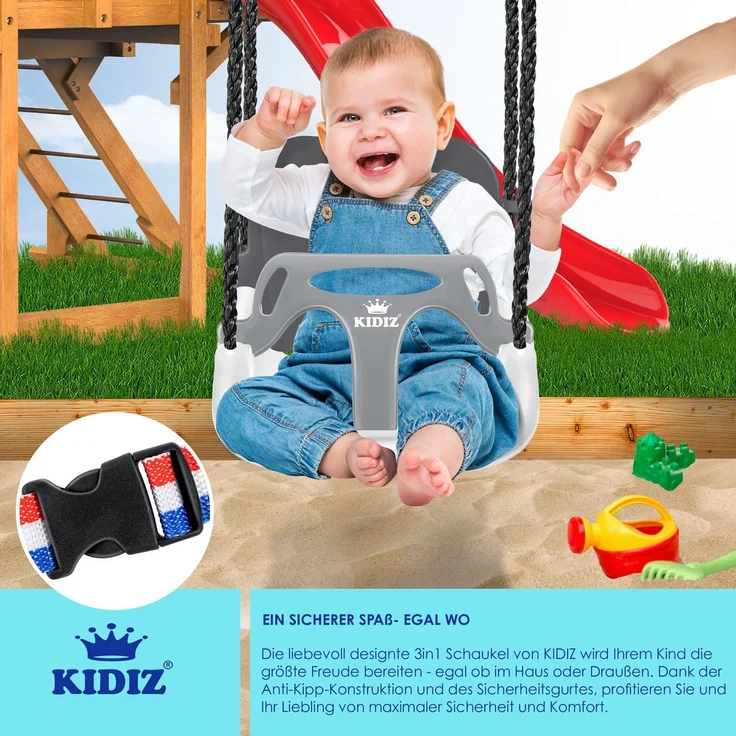 KIDIZ® Babyschaukel, Mitwachsend, mit Rückenlehne und Anschnallgurt, belastbar bis 100kg, Kunststoff Anthrazit, 33 x 24,3 x 35 cm – Bild 3
