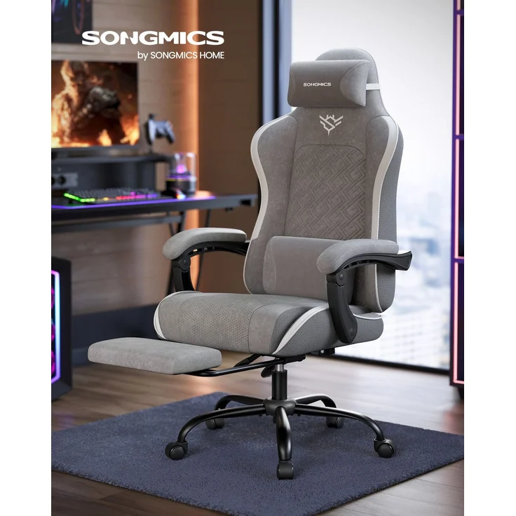 SONGMICS Gaming-Stuhl, Bürostuhl, Schreibtischstuhl, ergonomischer Gaming-Sessel, Sitzkissen mit Federn, Fußstütze, Armlehnen mit Synchronmechanik, taubengrau – Bild 2