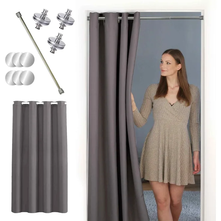 tinycurtains Türvorhang mit Stange silber 70-120 cm Thermo Vorhang ohne Bohren, mit Magneten, Ösen, abdunkelnd, Polyester, grau Nebula, Türgardine mit Klemmstange Raumtrenner verdunkelnd