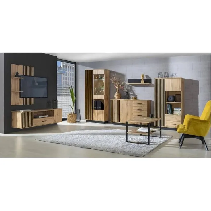 Beautysofa Wandregal Panel mit Regalen LAMELO, Eiche Wotan/Schwarz, modernes Loft-Design, Modern, mit dekorativen Lamellen