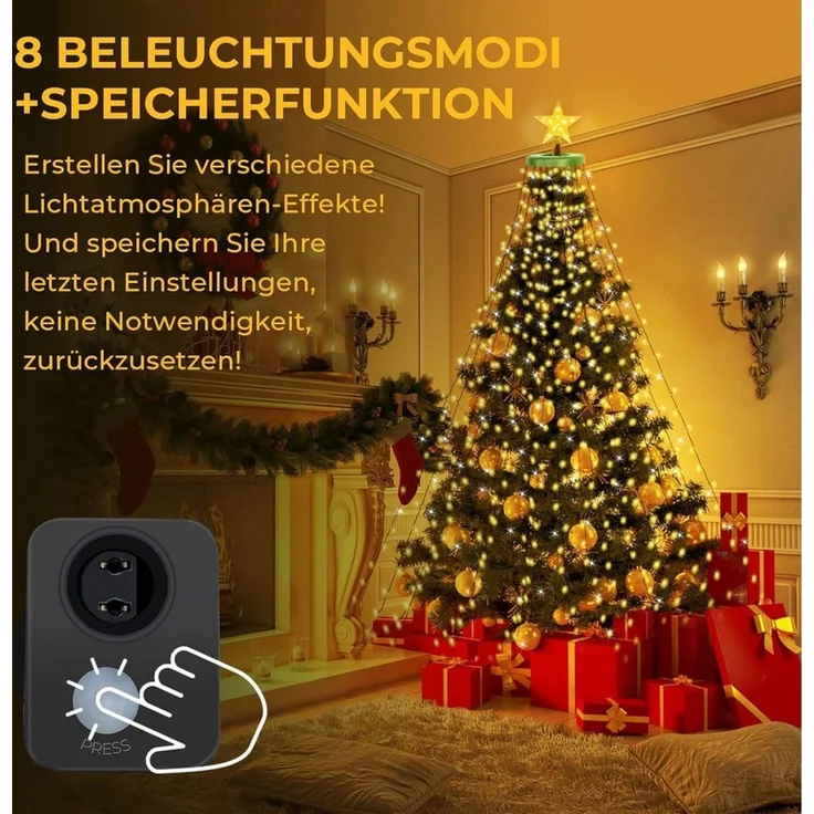 SERBASIC Lichterkette Christbaumbeleuchtung mit Ring und Stern, 2M/3M, 8 Modi,Timer, Warmweiß LEDs Lichterkette Überwurf für Inne&Außen Weihnachtsbaum – Bild 4