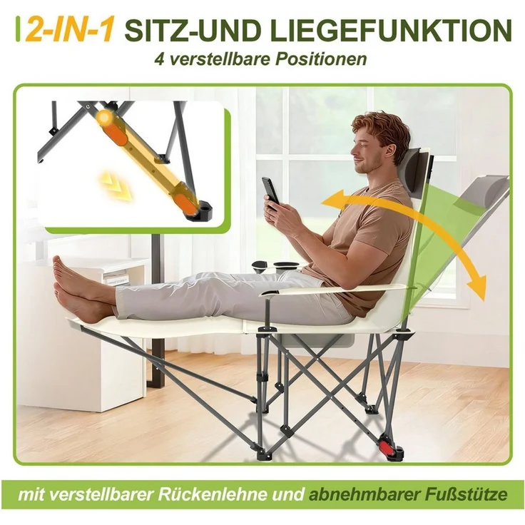 FIVMEN Campingstuhl Klappstühle Faltbar mit Verstellbarer Rückenlehne Strandstuhl, Liegestuhl Relaxsessel Klapphocker inkl. Tasche, für Garten Wandern – Bild 4