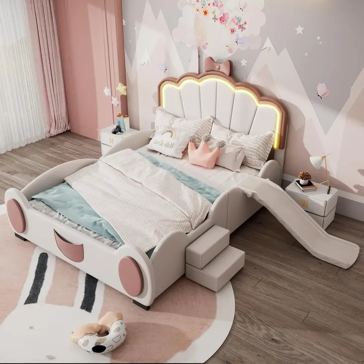 Prinzessinbett mit Rutsche und LED-Beleuchtung, 140x200 cm, Mädchenbett, Polsterbett für Mädchen, Doppelbett, Kunstleder
