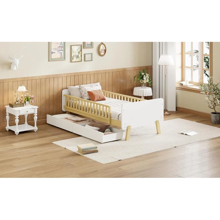Ball & Cast Kinderbett (90x190cm) mit 2 Schubladen und Rausfallschutz, Juniorbett aus Massivholz mit Lattenrost, Einfach & Zeitsparend Montierbar, Weiß – Bild 2