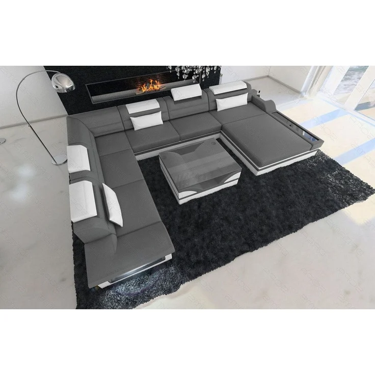 Mini Designer-Wohnlandschaft Mezzo XXL mit LED - Ledermix - Grau-Weiß - Rechts – Bild 5
