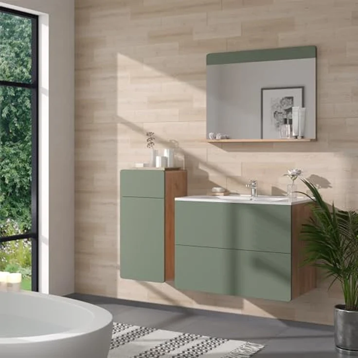 Vichy Badmöbelset Izan, 4-teiliges Badmöbel-Set in Goldkraft Eiche und Grün mit Midischrank – Bild 3