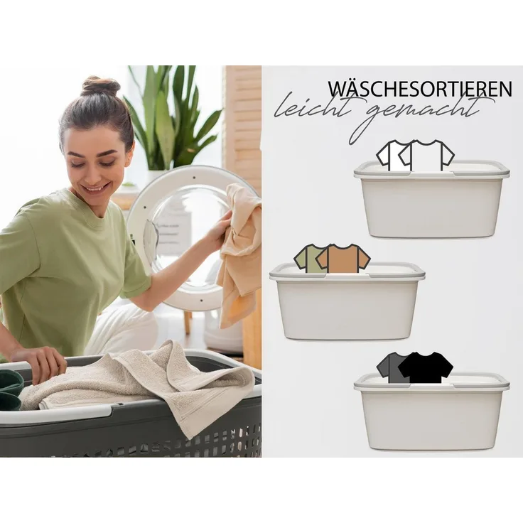 Hausfelder Wäschekorb Wäschewanne 58x37x25cm (Weiß, 3 Wannen, 35 l) (Set, 3 St, 3 x Wäschewannen), mit klappbaren Henkeln, mit Griffen, 35 Liter