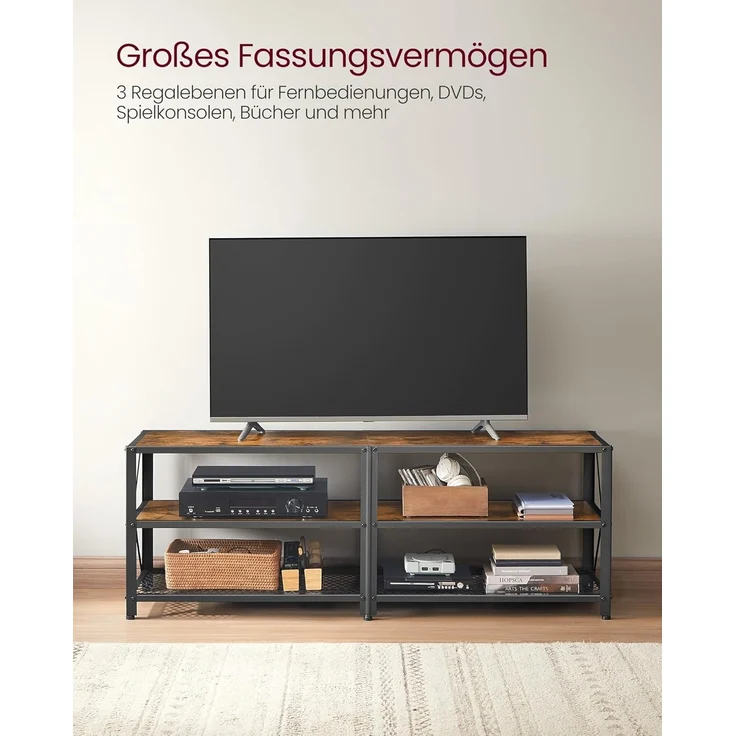 TV-Ständer für Fernseher bis 60 Zoll, TV-Tisch, Entertainment-Center, 3-stufige TV-Konsole, Stahlrahmen, Industriestil, – Bild 4