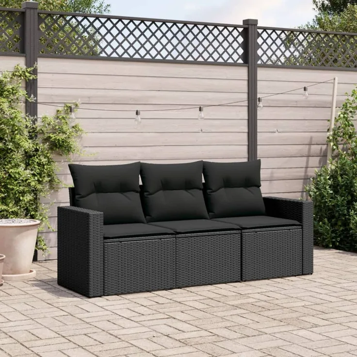 vidaXL 3-tlg. Garten-Sofagarnitur mit Kissen Schwarz Poly Rattan 3218645