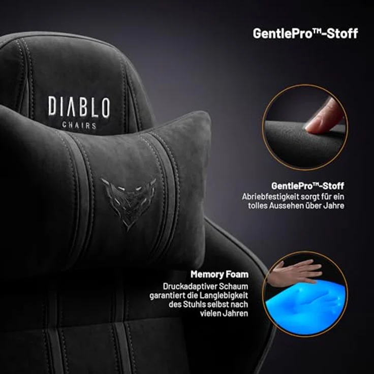 Diablo Gaming Stuhl ergonomisch groß bis 160 kg Stoff atmungsaktiv für große Menschen Drehstuhl mit Lendenstütze Memory Foam Kopfkissen 3D Armlehnen verstellbar bis 140 Grad Burned Black – Bild 6
