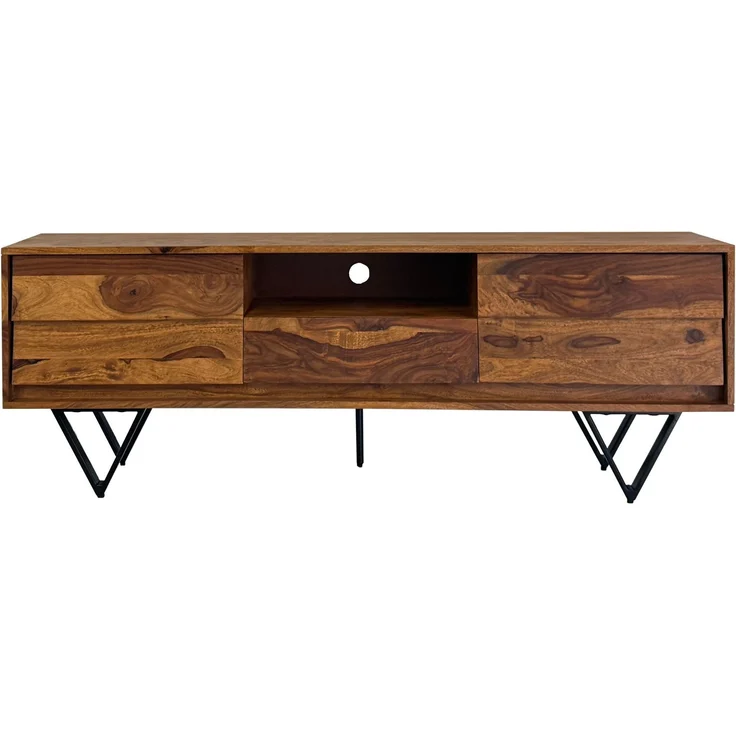 FineBuy TV Lowboard Sheesham Massivholz 160 cm, Fernsehtisch mit Türen, Schublade, offenem Fach & Kabeldurchlass, TV Board mit 3D Fronten & schwarzen Metallfüßen im Industrial Design – Bild 6