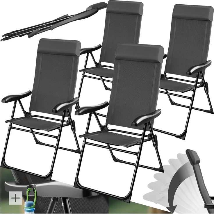 tectake® Hochlehner, Gartenmöbel Set, Liegestuhl 7-Fach verstellbar, Klappstuhl, Campingstuhl, Klappstühle Balkon Möbel, Camping Stuhl, Gartenstühle - anthrazit, 4er Set