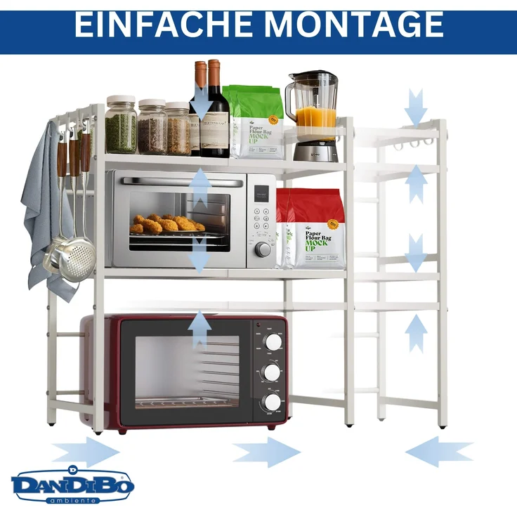 DanDiBo Verstellbares Mikrowellenregal Weiß 3 Stufig 40-64 cm Mikrowellen Regal 96684 Stehend Mikrowellenständer Küchenregal – Bild 5
