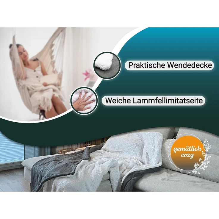 ZOLLNER Wendedecke Lammfellimitat-Strickdecke, ca. 150x200, grau – Bild 3