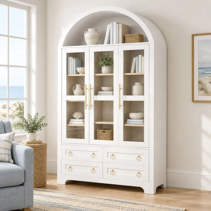 DESVIAE Sideboard Weiß aus MDF/Spanplatte – 110x185x40 cm – 3 Glastüren, 4 Schubladen – Bild 2