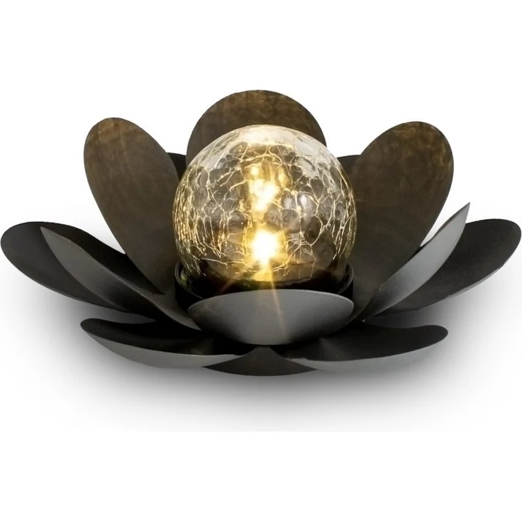 Spetebo LED Solarleuchte LED Solar Lotusblüte schwarz mit Crackleglas Kugel - 24 x 10 cm, Einschaltautomatik, LED fest integriert, warmweiß, Garten Deko Kugelleuchte im Blumen Design – Bild 5