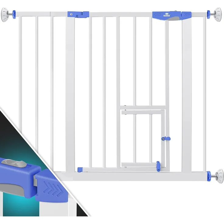 KIDIZ® Absperrgitter zum Klemmen mit Katzenklappe, Türschutzgitter, Autoclose Kinder Treppengitter ohne Bohren | 90° Stopp Schutz, schwenkbar, Treppenschutzgitter Blau, 88 - 94 cm