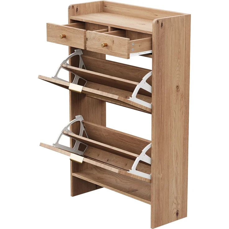 ZUBALIYA Schuhschrank (65 x 25 x 106 cm), 2 Klappfächer und 2 Schubladen, Fronten in Flechtoptik, Aus Spanplatte, Naturfarben – Bild 19