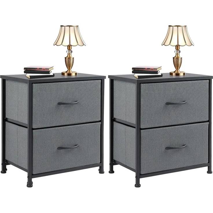 DUMOS Nachttisch 2er Set Beistelltisch Stoff Schubladenschrank Schmal Schrank Kommode Schlafzimmer Industrial Stil für Wohnzimme Kinderzimmer Flur Aufbewahrungsschrank