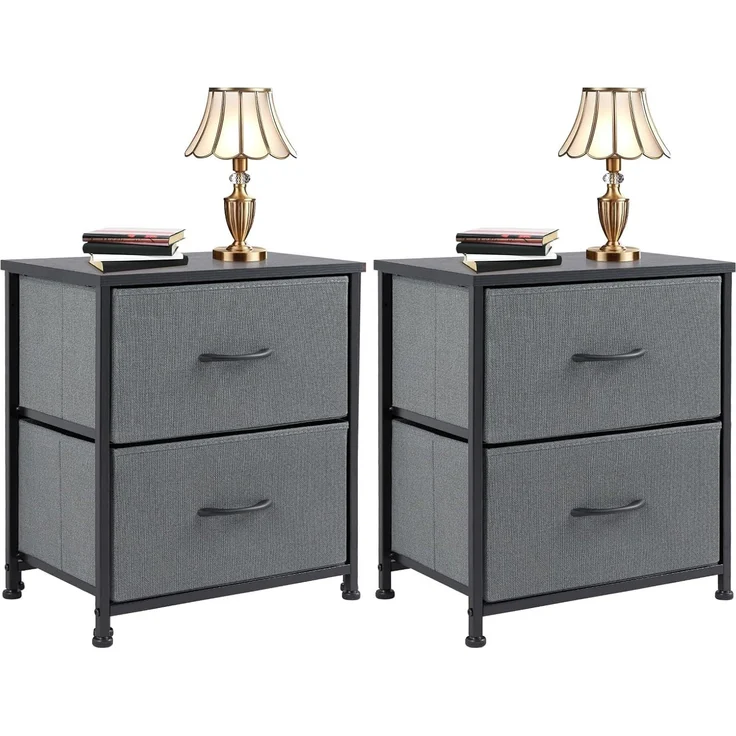 DUMOS Nachttisch 2er Set Beistelltisch Stoff Schubladenschrank Schmal Schrank Kommode Schlafzimmer Industrial Stil für Wohnzimme Kinderzimmer Flur Aufbewahrungsschrank