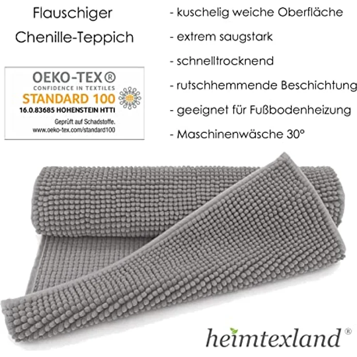 heimtexland Badematte Badvorleger Chenille Badteppich Duschvorleger, rutschhemmend beschichtet, Fußbodenheizung geeignet, 70, Polyester, rechteckig, 45x50 cm, Hochflor, super weich, extrem saugfähig, Maschinenwäsche – Bild 5