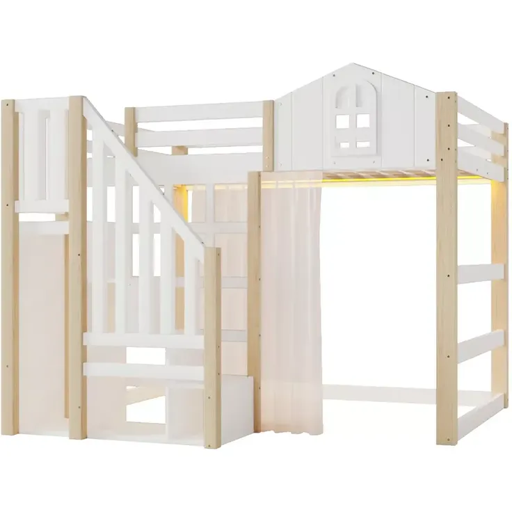 Hochbett mit LED-Beleuchtung, Lattenrost, Rausfallschutz, Treppe und Gardine, 140x200 cm, Kinderbett, Kiefer – Bild 10