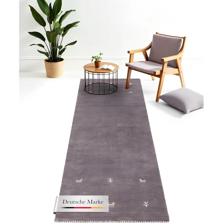 carpetfine 'Gabbeh Uni' Wollteppich, reine Wolle, Grau, 80x350 cm – Bild 1