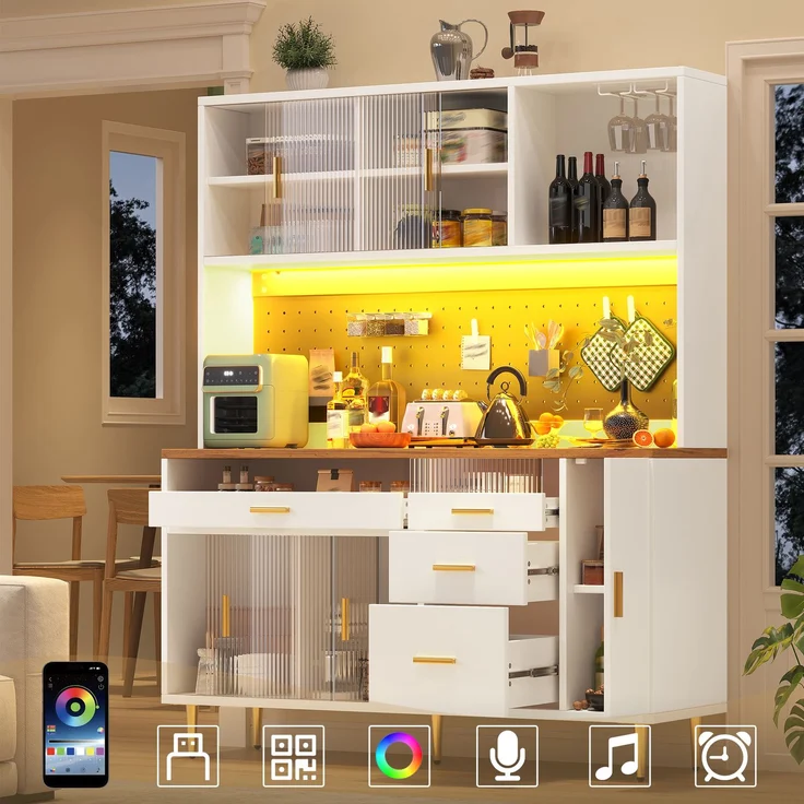 EINHOM Hochschränke fürs Wohnzimmer(145 x 39 x 171 cm), Küchenschrank, Esszimmerschrank, Schränke mit LED-Beleuchtung, Hoher Schrank mit Lochwandregalen, Weiß – Bild 1