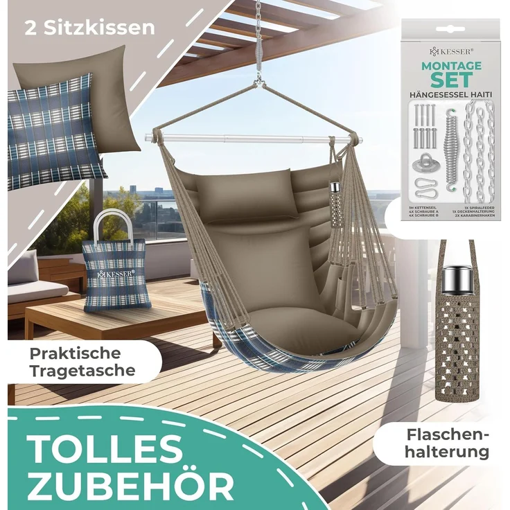 KESSER® Hängesessel Haiti 150kg Traglast, Hängestuhl 360° Drehung, Hängeschaukel Indoor-Outdoor UV-beständig & Wasserfest, Pflegeleicht, Inkl. 2 Kissen, Tragetasche, Flaschenhalter & Montage-Set Mocca – Bild 6