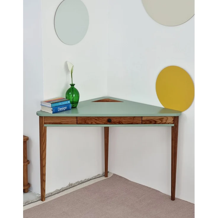 Ragaba Eckschreibtisch mit Schublade, MDF & Massives Eschenholz Eiche gebeizt, 114x61 cm, Salbei Grün – Bild 2
