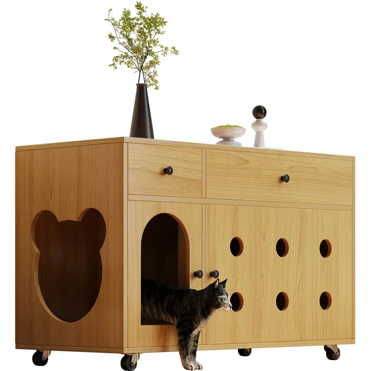 Katzenkloschrank (bewegliche Katzentoilette) – Katzenschrank/Katzenhaus mit abnehmbare Sandablassplatte, geruchsisoliert, ohne Katzenklo, 100×45×66 cm (Naturholzfarbe, Gelbmaplefarbe) – Bild 6