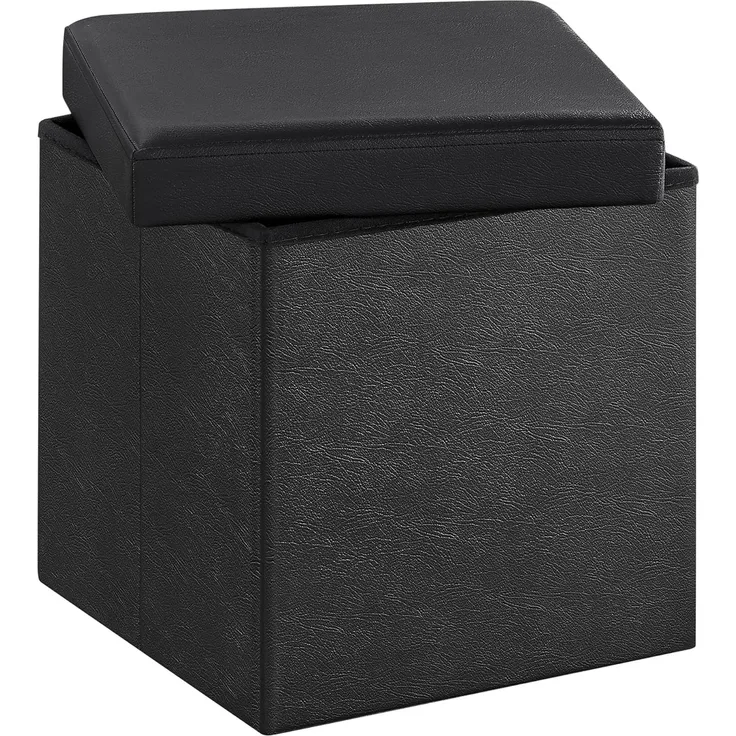 Songmics Faltbarer Sitzhocker Aufbewahrungsbox belastbar bis 300 kg, Lederimitat, schwarz, 38 x 38 x 38, LSF101