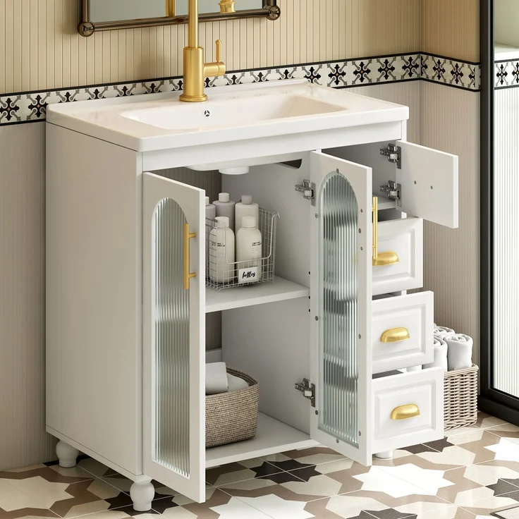 Badmöbel Einzel Waschtisch mit Unterschrank 80cm mit Keramik-Waschbecken,weiß – Bild 3