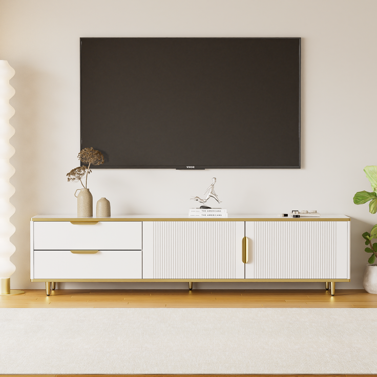 TV-Lowboard, Spanplatte mit Stauraum & goldfarbenen Griffen/Füßen, 175x40x45 cm, Weiß/Gold