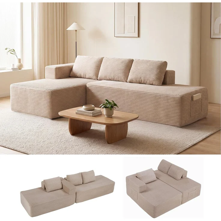 COMHOMA Ecksofa mit Schlaffunktion, 228cm Corduroy Modulares Boneless Couch mit Chaiselongue & Rücken-Metallgestell, L-Form Schlafsofa mit offenem Design, Kissen & Seitentaschen,für Wohnzimmer, Beige-R – Bild 14