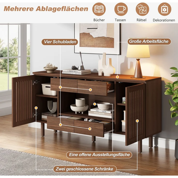 ZUBALIYA Sideboard 140x35x71 cm, mit 4 Schubladen, aus MDF, Walnuss – Bild 19