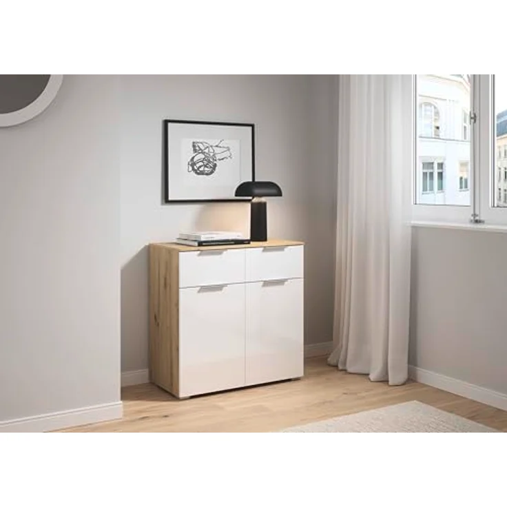 Rauch Möbel Alabama, Kommode für Schlafzimmer, Kinderzimmer, Garderobe, Flur, 2-türig, mit 2 Schubladen, SOFT-CLOSE-Funktion, Farbe Weiß Hochglanz/Eiche Artisan, Holz, Griff Alufarben, Maße 80x81x42cm – Bild 2