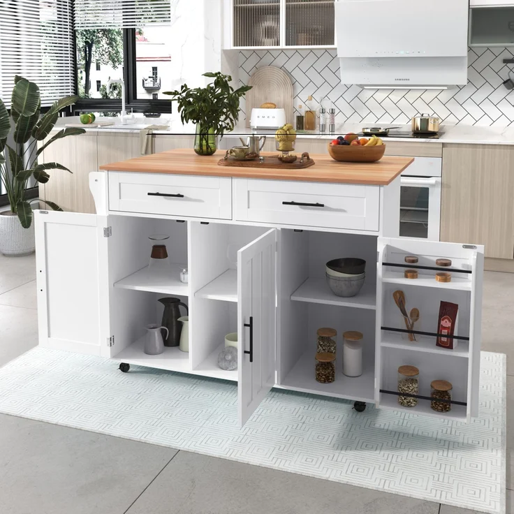 Servierwagen 129x46/71x91,5 cm mit klappbarer Arbeitsplatte – Kücheninsel aus MDF in Weiß mit Stauraum und Rollen – Bild 7