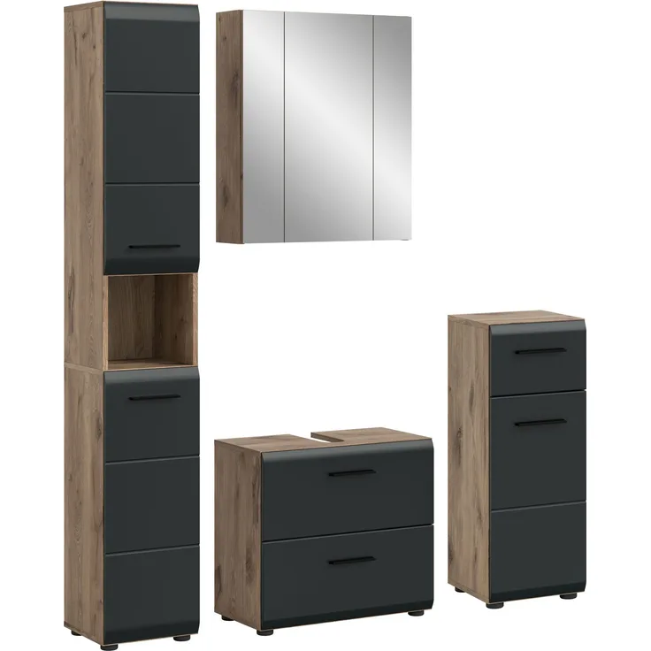 Badkombination (B/H/T: 150x185x30 cm) in schwarz matt und Nox Oak Nachbildung
