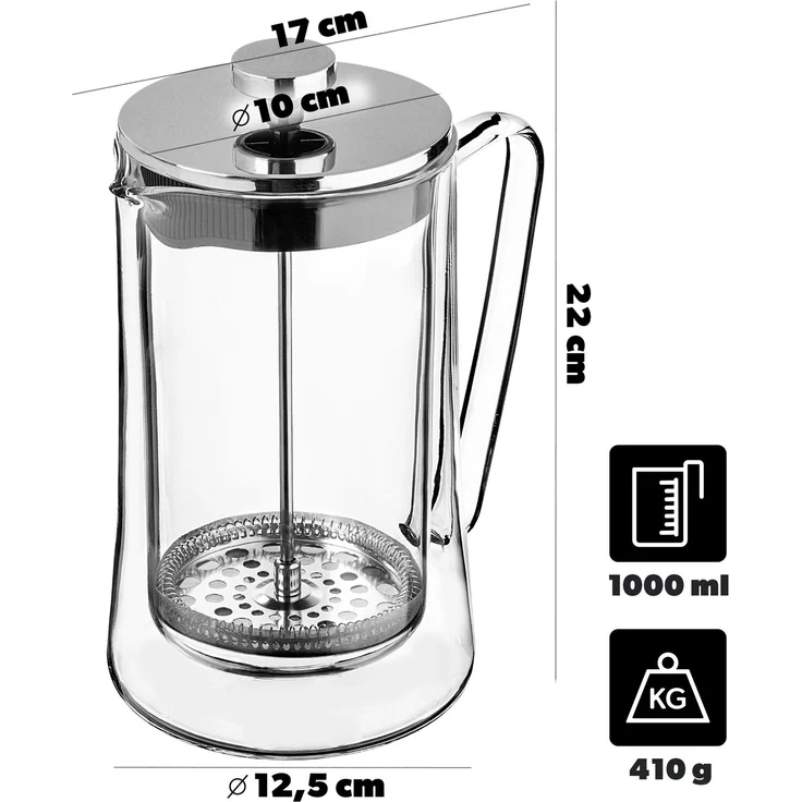 KADAX Kaffeebereiter 1 Liter, French Press aus Borosilikatglas und Edelstahl, Kaffeepresse, manuelle Kaffeemaschine, Teebereiter, große Kaffeekanne – Bild 3