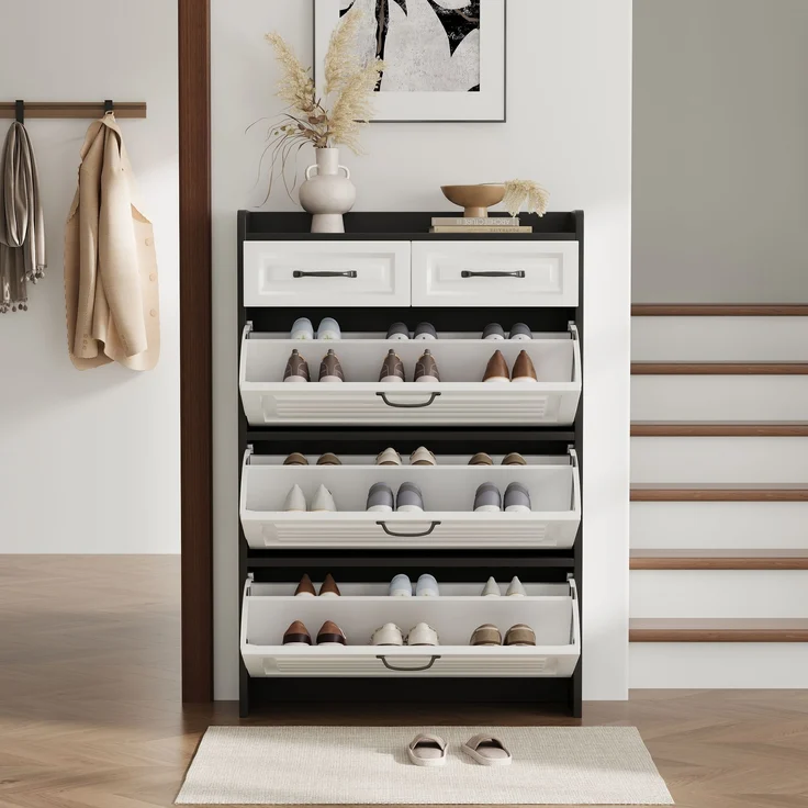 Schuhkommode 80x23,5x131 cm – drehbares Regal mit 3 Klappen und 2 Schubladen – Bild 5