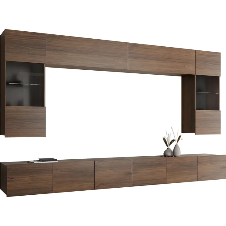 Wohnwand Calabrini I (Farbe: Nuss Warmia, ohne Beleuchtung)