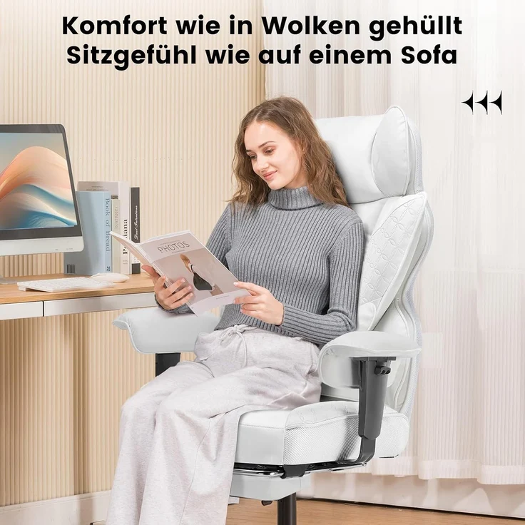 COMHOMA Gaming Stuhl, ergonomischer Bürostuhl, Schreibtischstuhl mit verstellbare Armlehnen, Taschenfederkern-Lendenwirbelstütze für große und hohe Personen, 180 kg, breiter Sitzfläche, weiß – Bild 2