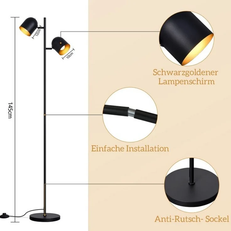 Nettlife Stehlampe Schwarz Wohnzimmer Stehleuchte Vintage Metall 2 Flammig E14 Industrial, Schwenkbar 350°, LED wechselbar, Stehleuchte Leselampe Retro für Schlafzimmer Wohnzimmer – Bild 4