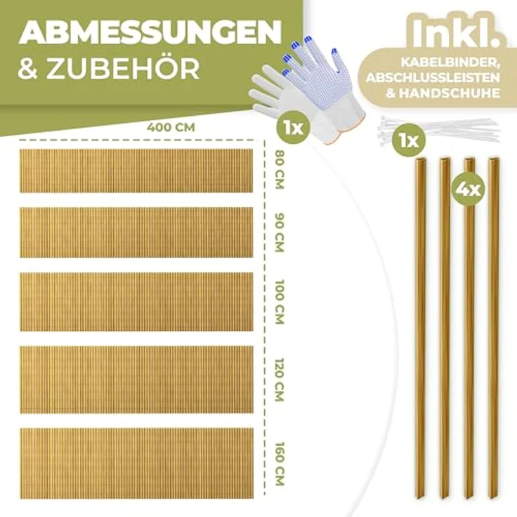 KESSER® PVC Sichtschutzmatte Sichtschutzzaun 120x400cm Balkonverkleidung Windschutz verstärkte Lamellen für Garten Balkon & Terrasse Balkonumrandung inkl Kabelbindern, Abdeckung & Handschuhe Bambus – Bild 7