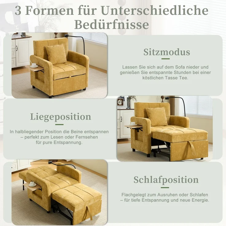 LVHOM Multifunktionaler Schlafsessel mit klappbarer Ablage, Ausziehbares 1-Sitzer Schlafsofa mit Handyhalter und Seitentaschen, Loungesessel, Gelb – Bild 9