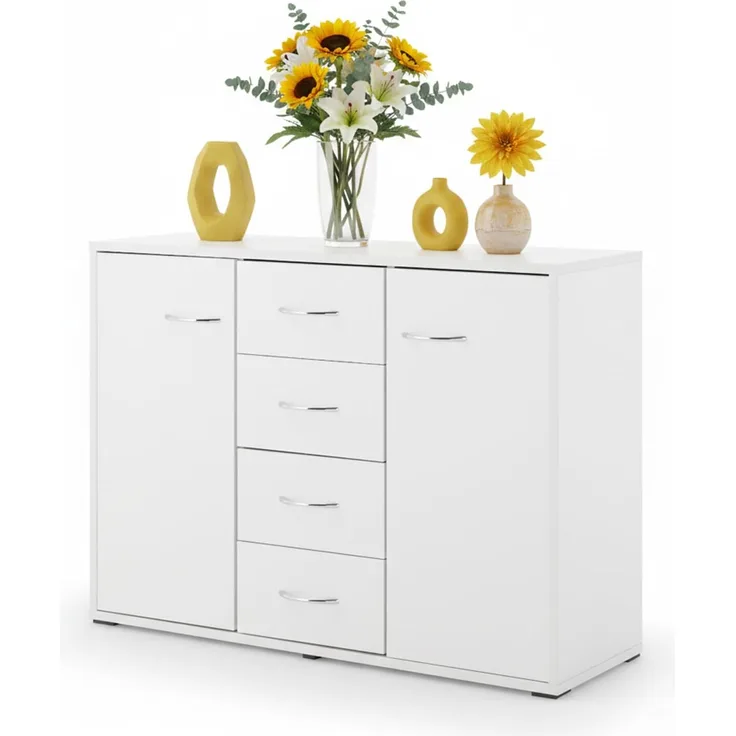 Sweetcrispy Kommode, Weißes Sideboard mit 4 Schubladen & 2 Türen, 88 × 30 × 64 cm, Viel Stauraum für Wohnzimmer, Flur & Schlafzimmer, Moderner Kommodenschrank
