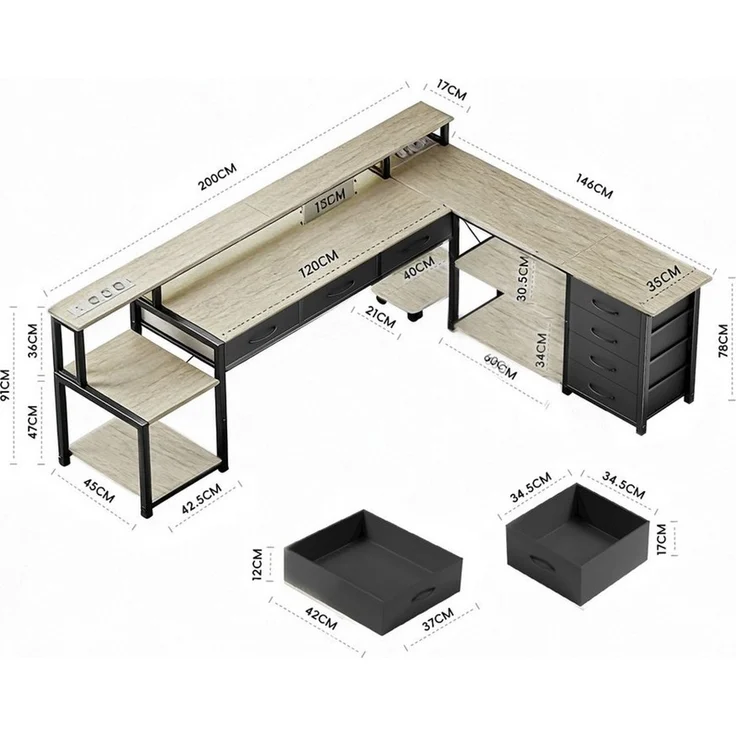 BBWL Computertisch Computer Schreibtisch aus P2 Spanplatte mit 7 Stoffschubladen (stabilem Metallgestell, RGB LED Beleuchtung, Steckdose 3AC+2USB und flexiblem PC-Ständer für Büro & Gaming) – Bild 4