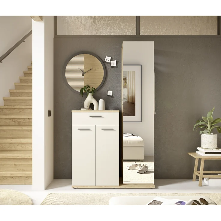 Kompaktgarderobe >Malaga< Türen, 1 Schub, Spiegel, Eiche Dekor / Cashmere - 105x188x38cm (BxHxT) – Bild 7