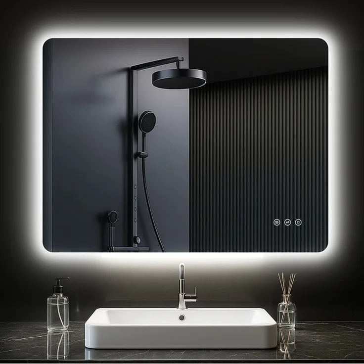 Pesenxan LED Badspiegel 80x60 cm, Badezimmerspiegel mit 3 Lichtfarben, dimmbar, Touch-Schalter & Antibeschlag, IP44, rahmenloses Design, für Badezimmer, Silber